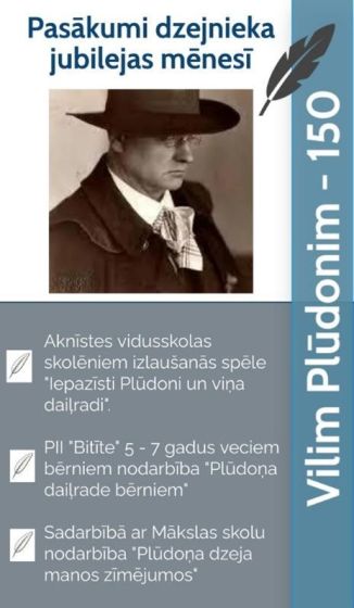 Pasākumi Aknīstes bibliotēkā par godu Plūdona 150.jubilejai