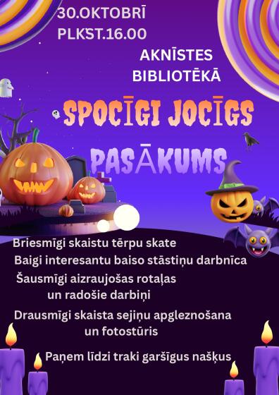 Aknīstes bibliotēka 30.10. plkst. 16.00 aicina uz Helovīna dienas pasākumu