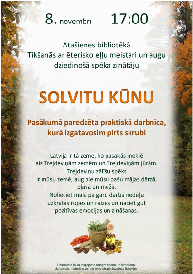 8.novembrī Atašienes bibliotēkā tikšanās ar Solvitu Kūnu - ēterisko eļļu meistari