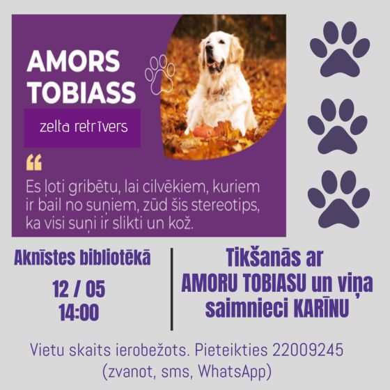 Aknīstes bibliotēka 12.maijā plkst. 14.00 aicina uz tikšanos ar zelta retrīveru Amoru Tobiasu