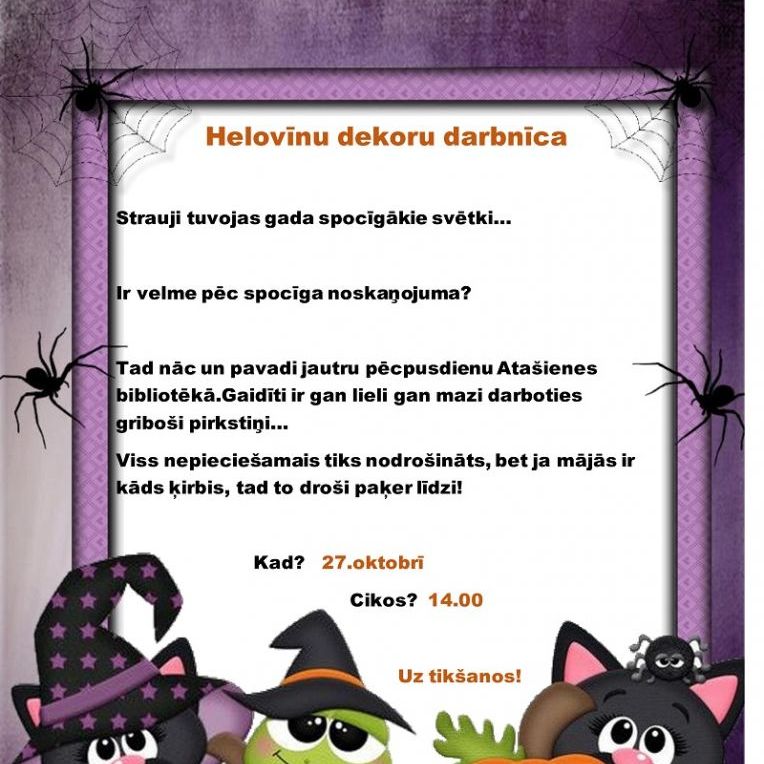 27.oktobrī pl.14.00 Ata&scaron;ienes bibliotēka aicina uz Helovīnu dekoru darbnīcu