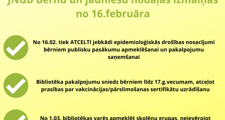 JNGB Bērnu un jauniešu nodaļas izmaiņas no 16.februāra 